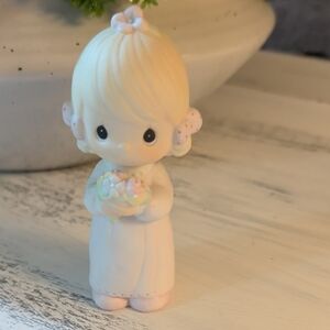 Porcelain Figurine Girl Holding Flowers - Pastel White & Pink